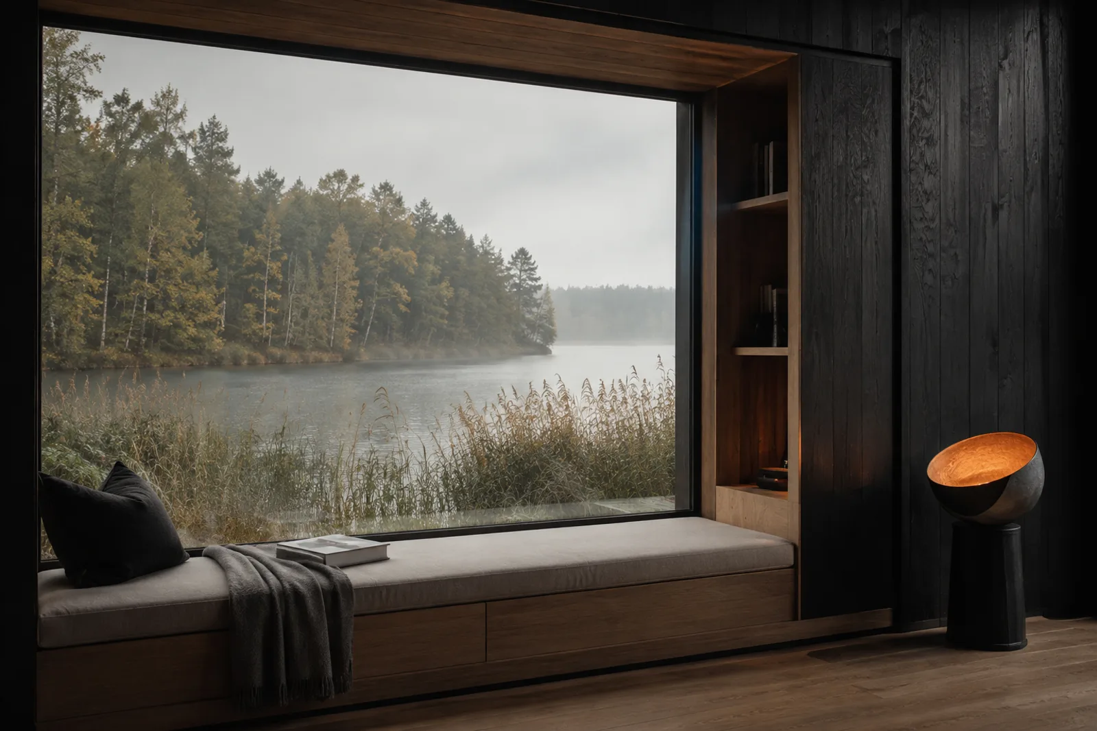 Leseplatz in einem dunklen Holzpavillon am See